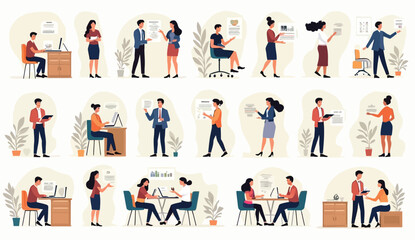 Diverse office workers in various poses reviewing documents using laptops and collaborating