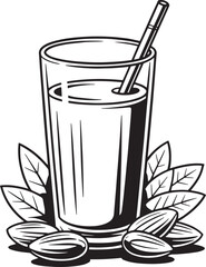Black and white vector of almond milk in glass with almonds beside
