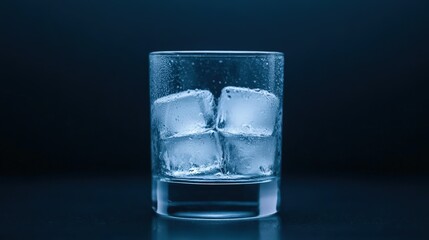 A clear glass with ice cubes and condensation against a dark blue background.