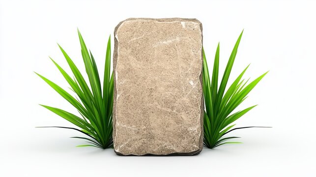 Beige Stone Tablet with Green Grass on White Background