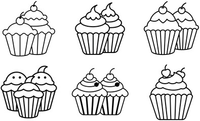 Black and White Line Art of Cupcakes with Various Toppings, Some in Pairs and Groups