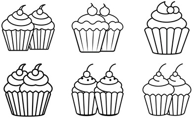 Outlined Cupcakes with Cherries Black and White Clip Art of Sweet Treats Desserts