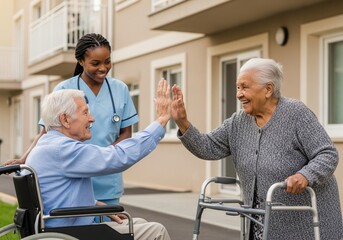 Fototapeta premium Joyful Reunion A Heartwarming Scene of Elderly Patients and Caregiver Sharing Happiness