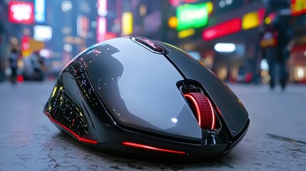 Fototapeta premium Black Computer Mouse on City Street at Night