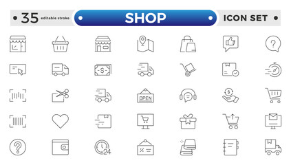 Shopping and Shop outline icon set. Online shopping, store, delivery, promotion and shopping cart symbol. Editable stroke outline icon.
