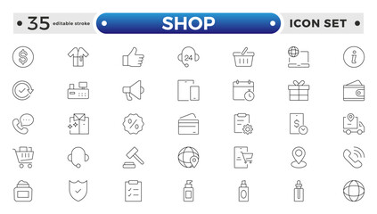 Shopping and Shop outline icon set. Online shopping, store, delivery, promotion and shopping cart symbol. Editable stroke outline icon.
