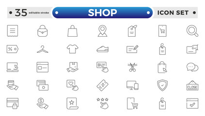 Shopping and Shop outline icon set. Online shopping, store, delivery, promotion and shopping cart symbol. Editable stroke outline icon.
