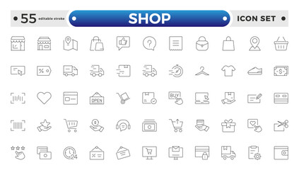 Shopping and Shop outline icon set. Online shopping, store, delivery, promotion and shopping cart symbol. Editable stroke outline icon.
