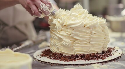Creamy frosting applied to a tiered cake