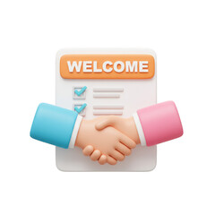 3d illustration of cartoon handshake in front of a welcome checklist isolated on transparent background