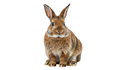 A brown rabbit with long ears sitting upright against a plain black background in a studio setting