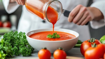 A chef pours fresh tomato soup into a bowl, garnished with herbs and surrounded by tomatoes and greens.