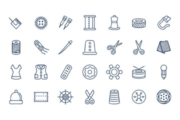 Knitting, Crocheting and Sewing Icon Set. Collection of Line Art Icons Including Yarn, Needles, Scissors, Sweaters, Buttons, and More  Elements Vector Illustration on White Background