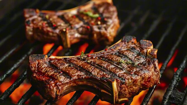 Two pieces of t-bone steak are on a grill, with one piece being cooked on the side and the other piece being cooked on the other side. The steak is brown and juicy, and the grill marks are visible