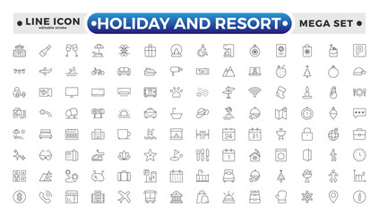 Holiday and Resort outline icon set. Summer travel icon set. holiday tour icons for app and website containing hotel sun camp mountain drink plane island. Editable stroke outline icon.

