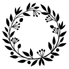 Laurel wreath vector illustration on black, featuring an ornate floral leaf pattern with decorative scroll and swirl elements, 