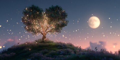 Naklejka premium Magical Illuminated Tree Under a Full Moon Enchanting Night Scene