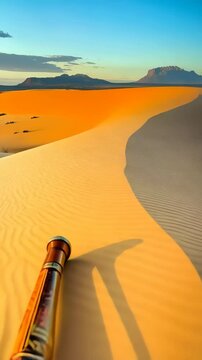 Painted didgeridoo rests on sand dune in a wide desert landscape, distant mountains and skies in background during a bright afternoon.