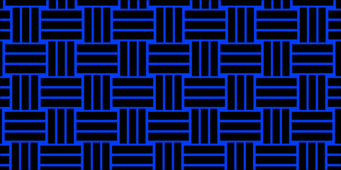Black Weave Pattern Showing Repetition Useful as Background. Minimal line Seamless geometric pattern with shapes. Decoration and maze ornament square wall tile. black rattan weave texture background.