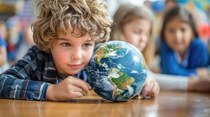 Child nestled on floor, gazing at globe
