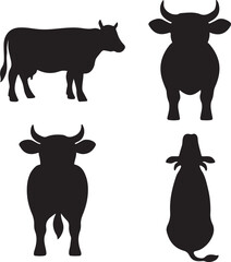 Cow animal silhouette icons set side, front, back, and top views vector art illustration.