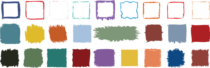 Colorful brush stroke square frames and paint swatches are shown in various styles and shades. This versatile design is perfect for creative backgrounds, art projects, and abstract graphic composition