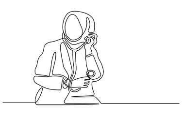 Continuous one line drawing woman doctor carry a stethoscope on her shoulder and a note. Single line draw design vector graphic illustration.