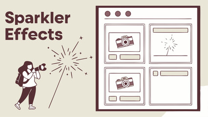 Illustration showing a photographer with sparkler effect and a website with camera and sparkler images