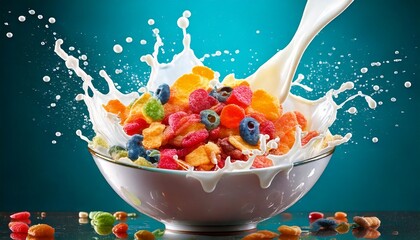 Colorful Cereal and Milk Splash in a Bowl