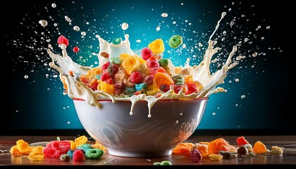 Colorful Cereal and Milk Splash in a Bowl