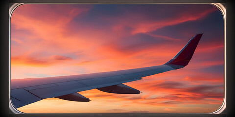 Airplane wing silhouetted against a colorful sunset sky