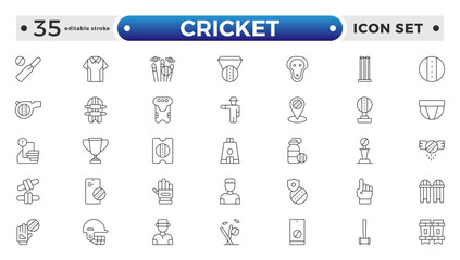 Cricket outline Icon Set. Bat, Ball, Wicket, Player & Match Vector Symbols Collection. Editable stroke outline icon.
