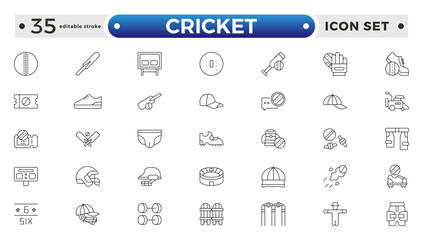 Cricket outline Icon Set. Bat, Ball, Wicket, Player & Match Vector Symbols Collection. Editable stroke outline icon.
