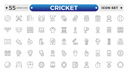Cricket outline Icon Set. Bat, Ball, Wicket, Player & Match Vector Symbols Collection. Editable stroke outline icon.
