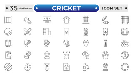 Cricket outline Icon Set. Bat, Ball, Wicket, Player & Match Vector Symbols Collection. Editable stroke outline icon.
