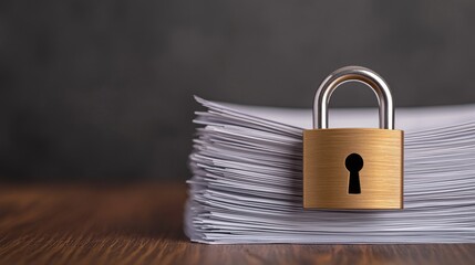 integrity access lock encryption verification concept. A locked padlock on a stack of documents symbolizes security.