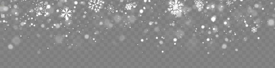 Heavy snowfall, snowflakes in different shapes and forms. Falling snowflakes on dark background. Snowfall.