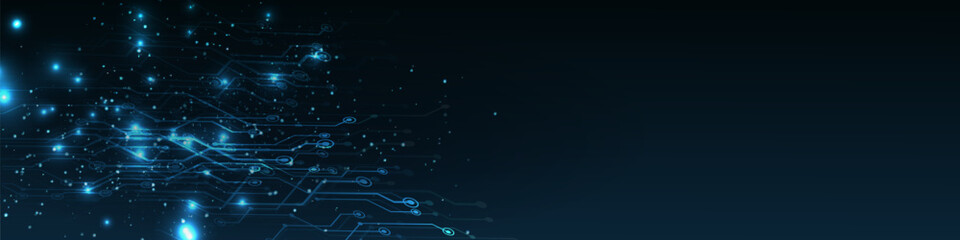 Abstract AI circuit board background. Technology connected blue lines with electronics elements on tech bg. Computer motherboard with a chip,