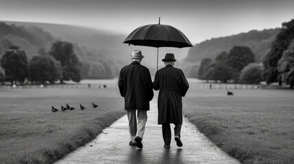 Rainy day stroll two men umbrella