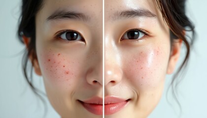 Comparison of Asian woman face skin before and after skincare treatment. Illustration shows acne, problematic skin versus clean complexion. Ideal demo of skin care product result.