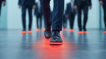 Business professionals walk confidently, their shoes illuminated with glowing red lights, symbolizing innovation and forward-thinking.
