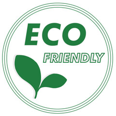 Circular logo featuring the words "ECO FRIENDLY" in green, accompanied by a simple green leaf icon.