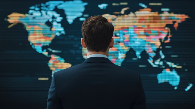 A businessman in a suit looks at a digital world map display, suggesting global strategy, planning, or international business.