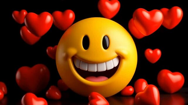 The image features a cheerful yellow emoji with a broad smile, surrounded by floating red hearts against a black background, expressing love and happiness.
