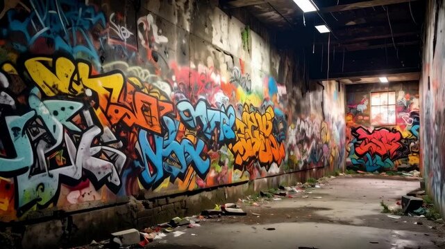 Colorful graffiti murals adorn concrete walls in an urban abandoned tunnel with open end and natural light from a single window