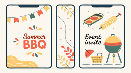 Three vertical banners featuring a summer barbecue event invite with grill and picnic basket design elements