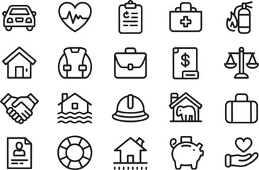 Essential Insurance Icons: An array of sleek, black and white icons representing key aspects of insurance coverage, meticulously crafted to convey the concepts of protection and security.