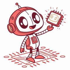 Playful Cartoon AI Robot Holding Microchip Vector Adorable cartoon robot character holding a glowing microchip, set on a subtle circuit board pattern. Ideal for tech branding, educational materials, a