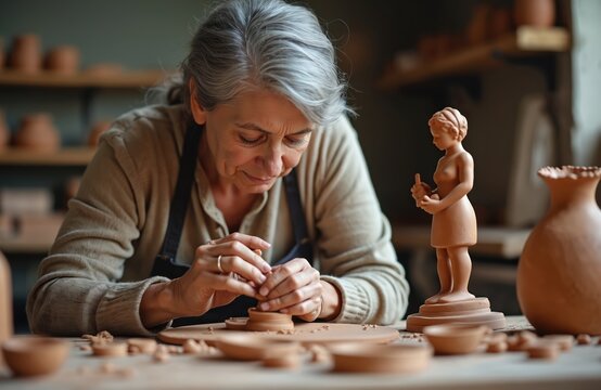 Senior woman artisan crafting clay figurine in studio. Hands create pottery in workshop. Handmade ceramic art. Hobby, craftsmanship, creativity, artistry, workshop, studio. Pottery art creation.