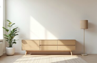 Modern living room with tv cabinet, indoor plant, floor lamp. White wall background, minimalist design, scandinavian style. Sunlight creates shadows adding depth, dimension to room. Perfect for